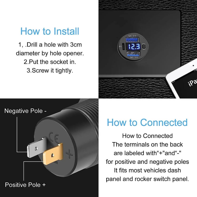 Y&D Dual USB QC3.0 PD USB C Car Charger Socket - 12V USB Outlet with Voltmeter & Power Switch - Automobile Charger for Car, Boat, Marine, Truck - Image 4
